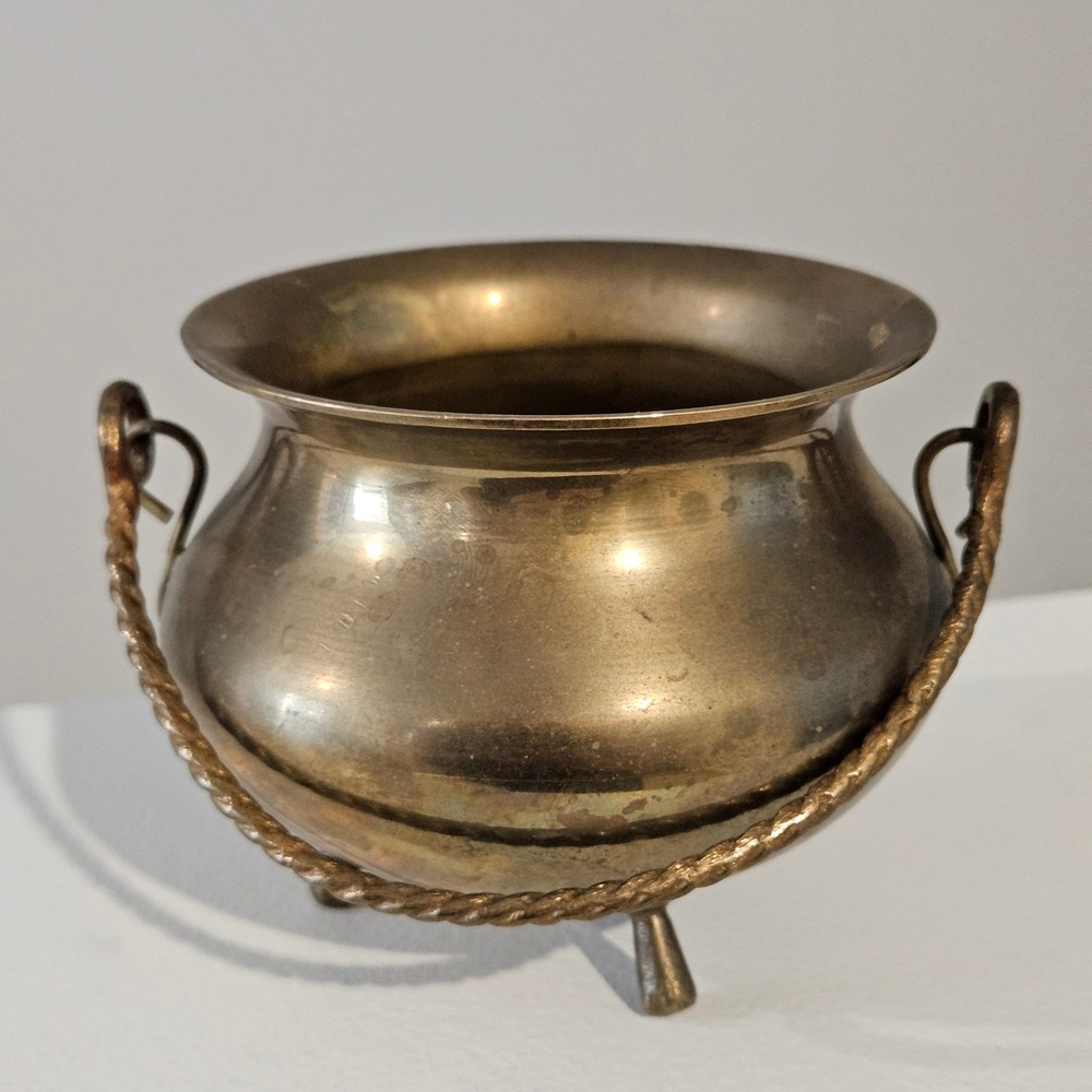 Vintage Brass Cauldron Tripod Pot Twisted Handle Small Gold India Witchy Altar *